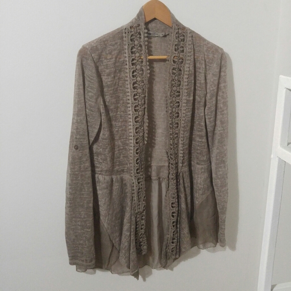 Beige Taupe Thin Knit Crochet Cardigan - Picture 7 of 13